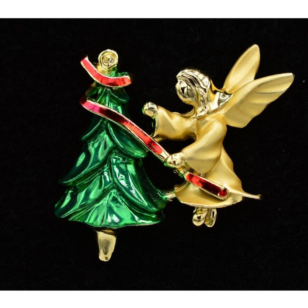 GIGI Vintage Pin Brooch Tac Christmas Brushed Gold Tree Angel Signed 1980s BinAC